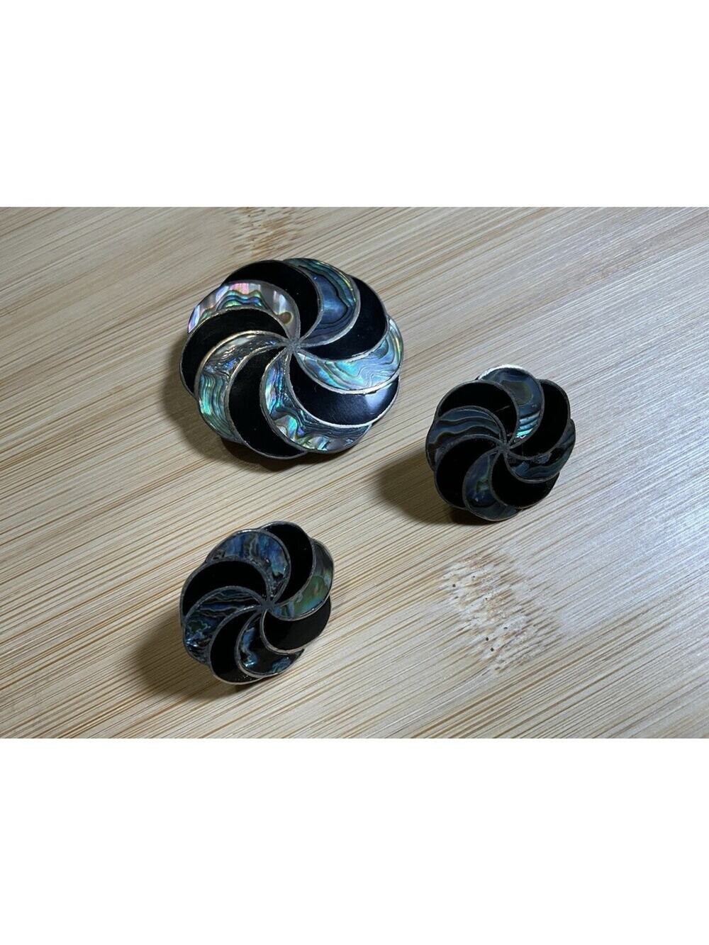 Mexico Abalone & Onyx Brooch/Pendant W/ Matching Earrings, Signed